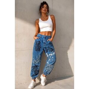 SONG Graffiti Jogger Jeans Light Wash Street Art Denim Elastic Cuff Size 9/29